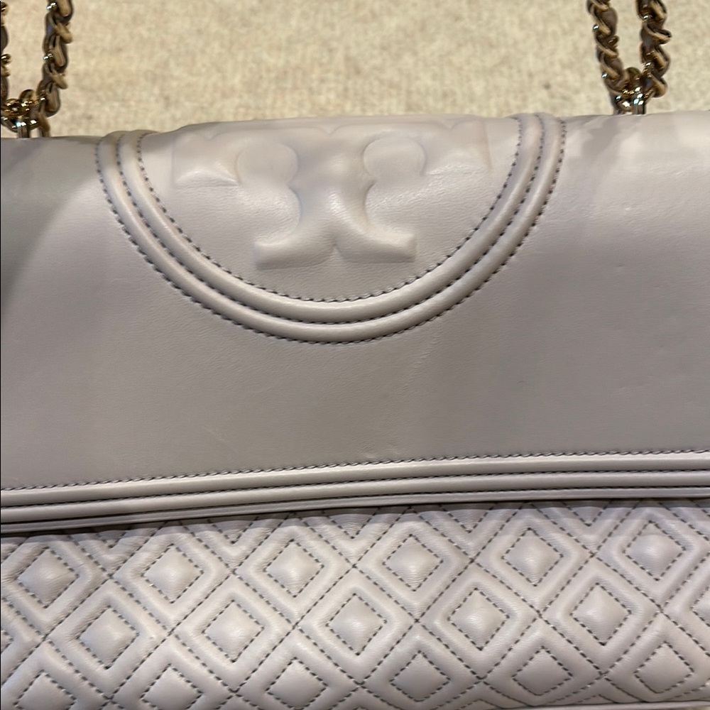 Tory Burch Neutral Pink Shoulder Bag with Embossed Design
